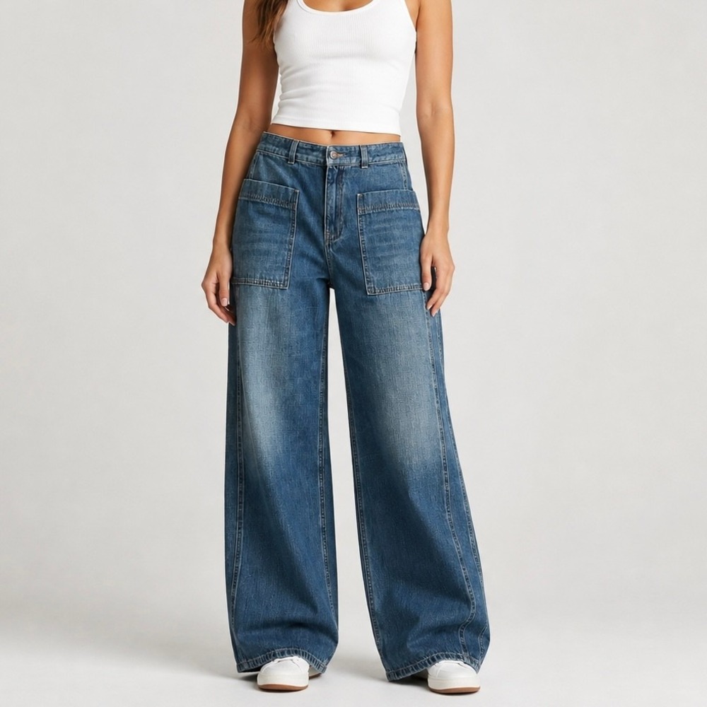 ME+EM Patch Pocket Baggy Wide-Leg Jeans 100% Cotton Blue High Rise Size 28